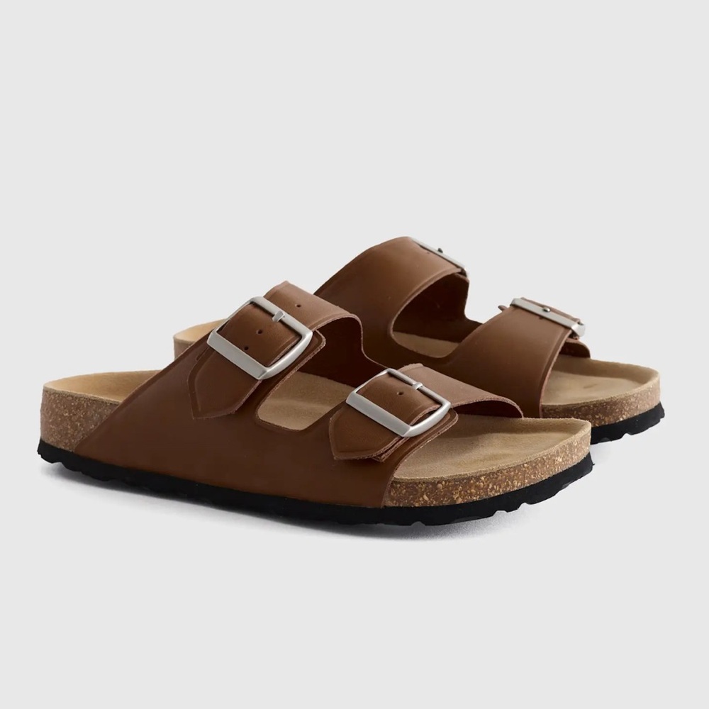 Quince Tan Double Strap Sandals with Silver Buckles